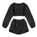 Pikkukuva 1 / 3: Naisten pehmeät vapaa-ajan pyjamat pitkähihaisella fleece-puserolla ja shortsihousuilla, 2-osainen setti, pörröinen oloasu yöasu Black M