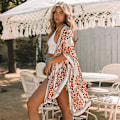 Miniatyrbillede 3 af 11: Badedragt Hawaii Seaside Holiday Cardigan Kortærmet Solbeskyttende Tøj Trykt Strand Cover-up Mellemlangt Badetøj LC85278-Red Average size