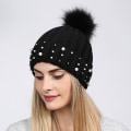 Miniatyrbilde 5 av 5: Dame Perle Ullstrikket Lue Høst og Vinter Varm Fluffy Ball Lue Fortykket Allsidig Lue White Average size