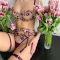 Miniatyrbild 3 av 5: Aduloty Utsökt Broderade Blommor Sexiga Erotiska Underkläder Perspektiv Transparent BH Samla Frestelse Kvinnor Underkläder Fem Delar Khaki M
