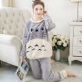 Miniatyrbild 5 av 5: Höst Vinter Varm Flanell Dam Pyjamas Set Tjock Korall Sammet Långärmad Söt Sovkläder Set Tunn Flanell Pyjamas Set Grey M