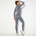 Miniatyrbilde 4 av 11: Sømløse Vasket Yogaklær Sports Løpe Fitness Bukser Stram Høy Elastisk Langermet Yoga Tredelt Dress long sleeve-washed gray M