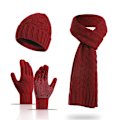 Miniatyrbilde 1 av 5: Ullskjerf Fortykket High-End Vinter Termisk Rutete Lue Skjerf Hansker Tredelt Sett Wine Red