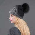 Miniatyrbilde 6 av 11: Vinter Varm Ull Strikket Lue Dame Bronse Sølv Jentelue Vaskebjørn Ball Pels Ullue Gray silver gray ball