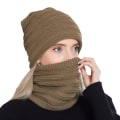 Miniatyrbilde 4 av 9: Hatt- og skjerfsett for menn og kvinner, høst og vinter, nytt utendørs kuldebeskyttende varmt sett med fløyel, strikket hatt og skjerf, 2-delt sett Khaki