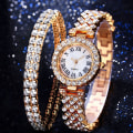 Miniatyrbillede 11 af 11: Luksuriøst diamantbesat stjerne-elegant quartz ur-sæt med diamanter Golden Flower set