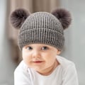 Pikkukuva 2 / 9: Talvinen neulottu pipo lapsille ja naisille, villapipo pariskunnille, pörröinen tupsupipo, yksivärinen talvihattu turkiksella, äiti ja vauva -vanhempi-lapsi-hattu #4 Gray S code (0-4 years old)