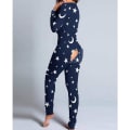 Miniatyrbild 1 av 5: Dam Mode Tryckt Funktionell Öppen Bak Knäppt Romper Casual Långärmad Pyjamas Jumpsuit Plus Size Navy blue M