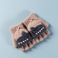 Miniatyrbillede 10 af 10: Småbørn Vinter Strikkede Fingerløse Tegneserie Handsker Tykke Varme Udendørs Skrive Konvertible Flip Top Halv Finger Vanter 6-10 År Gray Dino