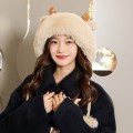 Miniatyrbillede 1 af 9: Strikket Uldhue Udendørs Efterår og Vinter Fleeceforet Varm Dame Pelskvaste Pullover Hue Beige Average size