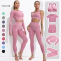 Pikkukuva 4 / 11: Joogasetit Saumaton Pitkähihainen Crop Top Korkeavyötäröiset Kuntosalileggingsit Naisille 5PcsSet-Wine M