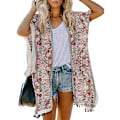 Miniatyrbillede 11 af 11: Badedragt Hawaii Seaside Holiday Cardigan Kortærmet Solbeskyttende Tøj Trykt Strand Cover-up Mellemlangt Badetøj LC85278-Red Average size