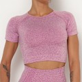 Pikkukuva 1 / 11: Saumattomat neulotut urheilushortsit lyhythihaiset shortsit joogavaatteet kuntoilupuku seksikkäät treenivaatteet naisille 9149 short sleeve-wine red L