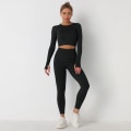 Pikkukuva 1 / 11: Eurooppalainen ja amerikkalainen neulottu yksivärinen saumaton pitkähihainen housupuku joogaan, urheiluun ja kuntoiluun, kaksiosainen setti 6095 long sleeve trousers suit-Black L