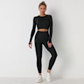 Pikkukuva 1 / 11: Eurooppalainen ja amerikkalainen neulottu yksivärinen saumaton pitkähihainen housupuku joogaan, urheiluun ja kuntoiluun, kaksiosainen setti 6095 long sleeve trousers suit-Black M