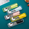 Miniatyrbillede 1 af 5: Keramisk Bordservice Sæt i Rustfrit Stål Tegneserie Børnebordservice Studenter Rejse Bærbart Bordservice Blue three-piece set