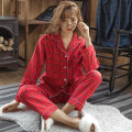 Miniatyrbillede 1 af 5: Vinter Nye Fuld Bomuld Pyjamas Kvinder Langærmet V-hals Gitter Nattøj Red black XXL