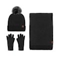 Pikkukuva 1 / 8: Hattu Huivi Käsineet Kolmiosainen Setti Kylmänkestävä Turkistupsu Fleecevuorattu Neulesetti Black three-piece set