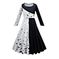 Pikkukuva 5 / 11: Elokuva Cruella De Vil Cosplay Asut Lasten Puku Mustavalkoinen Piikatytön Mekko Halloween Juhlapuku Viitalla Peruukilla 80589cloak 02 120