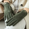 Miniatyrbilde 1 av 10: Nye høst- og vinterhansker i semsket skinn for kvinner, holder varmen, tynt fleecefôr, ikke oppblåst, lekkende fingre, clamshell, sykling, mote, elegante hansker army green One Size