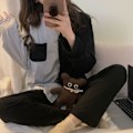 Miniatyrbild 3 av 5: Pyjamas Dam Höst Enkel Vardaglig Kofta Nät Röd Tjej Långärmade Byxor Ytterkläder Hemmadräkt Black M