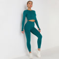 Pikkukuva 10 / 11: Eurooppalainen ja amerikkalainen neulottu yksivärinen saumaton pitkähihainen housupuku joogaan, urheiluun ja kuntoiluun, kaksiosainen setti 6095 long sleeve trousers suit-Black S
