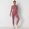 Pikkukuva 6 / 11: Eurooppalainen ja amerikkalainen neulottu yksivärinen saumaton pitkähihainen housupuku joogaan, urheiluun ja kuntoiluun, kaksiosainen setti 6095 long sleeve trousers suit-Black M