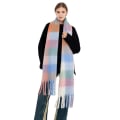 Miniatyrbillede 1 af 2: Vinter Varm Plaid Kvast Regnbue Tørklæde Dame Cashmere-lignende Uld Varm Lang Bib Sjal Blue beige 205*35cm