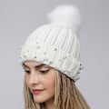 Miniatyrbillede 1 af 5: Dame Perle Uld Strikket Hue Efterår og Vinter Varm Fluffy Bold Hue Fortykket All-Matching Hue White Average size