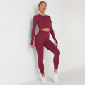 Pikkukuva 7 / 11: Eurooppalainen ja amerikkalainen neulottu yksivärinen saumaton pitkähihainen housupuku joogaan, urheiluun ja kuntoiluun, kaksiosainen setti 6095 long sleeve trousers suit-Black L