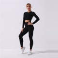 Miniatyrbild 2 av 11: Yoga Set Långärmad Crop Top T-shirt Leggings Träningsdräkt För Kvinnor 3pcs Red Set S