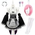 Miniatyrbild 11 av 11: Ram/Rem Cosplay Re:zero Kara Hajimeru Isekai Seikatsu svart blå röd Kostym Maid Servant Klänning package 1 XL