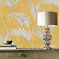 Miniatyrbillede 2 af 2: Myriad Palm Springs Fern Tapet Sennepsgul Grå Shimmer Tropisk Tekstureret