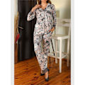 Miniatyrbilde 3 av 3: Brunt pyjamassett for kvinner med lommer, knapper, lycra og blonder Brown M