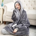 Miniatyrbilde 4 av 11: Vinter Oversized Hettegenser Teppe Med Ermer Fleece Genser Rutete Hette Dame Lomme Hettegenser Oversize Mykt Teppe Red Deer One Size
