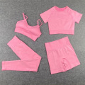 Miniatyrbilde 11 av 11: Yoga Sett Leggings+Kort Ermet Crop Top+Sports-BH+Sportsshorts Treningsklær For Kvinner 2pcsGreen S