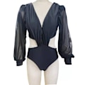 Miniatyrbillede 1 af 9: Printet Langærmet Bikini Sexet Heldragt Badedragt Dame Plus Size Badetøj Black Plain M