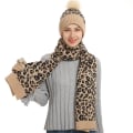 Miniatyrbilde 8 av 9: Høst- og vinterstrikket luedress Nytt leopardtrykk for kvinner Varm ullhatt Skjerf Hansker Tredelt sett Heather Gray