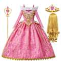 Pikkukuva 10 / 10: Prinsessa Ruusunen tyttöjen prinsessamekko lasten naamiaisasu cosplay Aurora ylellinen puku Halloween karnevaali verkkokangasvaatteet 3-4T (Tag 110) Aurora Set 1