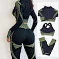 Miniatyrbild 2 av 5: Yoga Set Långärmad Tröja+Sport-BH+Sömlösa Leggings Träningskläder Löpning Gymkläder 3pcs  Black Suits M