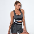Pikkukuva 1 / 4: Eurooppalainen ja amerikkalainen saumaton neulottu joogavaatesetti, treeniasu, nopeasti kuivuva raidallinen rintaliivit ja shortsit, joogapuku naisille 6302 bra shorts set-Black M