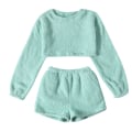 Miniatyrbillede 1 af 3: Fuzzy Lounge Casual Pyjamassæt til Kvinder Langærmet Fleece Pullover og Shorts Bukser Sæt 2 Dele Fluffy Loungewear Nattøj Blue M