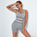 Pikkukuva 4 / 5: Eurooppalainen ja amerikkalainen saumaton neulottu joogavaatesetti, treeniasu, nopeasti kuivuva raidallinen rintaliivit ja shortsit, joogapuku naisille 6302 bra shorts set-Blue XS
