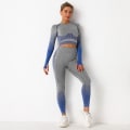 Miniatyrbillede 3 af 8: Europæisk og amerikansk sømløs yogadragt til kvinder, strikket hofteløftende høj elasticitet træningsbukser, trænings yogatøj 6092 long-sleeve suit-White S