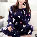 Miniatyrbild 2 av 4: Tjocka Flanellpyjamas för Dam med Tecknat Mönster, Sovkläder Vinter Varm Långärmad Coral Fleece Loungewear Blue XXL