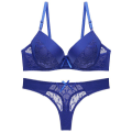 Miniatyrbilde 1 av 4: B C Cup Dame BH Sett Undertøy Blonde Stringtruser Sett Solid Sexy BH og Trusesett Blue 85D