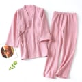 Miniatyrbild 1 av 5: 2023 Japansk Kimono Set 100% Bomull Pyjamas Tvådelad Par Yukata Lös Dam Träningsdräkt Ångbastu Hemset Pink M