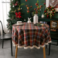Miniatyrbillede 4 af 5: Gerring Juledug til sofabord, garnfarvet plaid, bryllupsdug, amerikansk rund dug med kvaster til fest Red Round 120cm