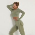 Miniatyrbillede 9 af 11: Europæisk og amerikansk sømløst yogatøj langærmet høj elastisk plisseret hurtigtørrende langærmet fitness yogatøj top 6205 Long Sleeve-wine red L
