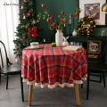Miniatyrbillede 4 af 5: Gerring Juledug til sofabord, garnfarvet plaid, bryllupsdug, amerikansk rund dug med kvaster til fest Coffee red Round 150cm